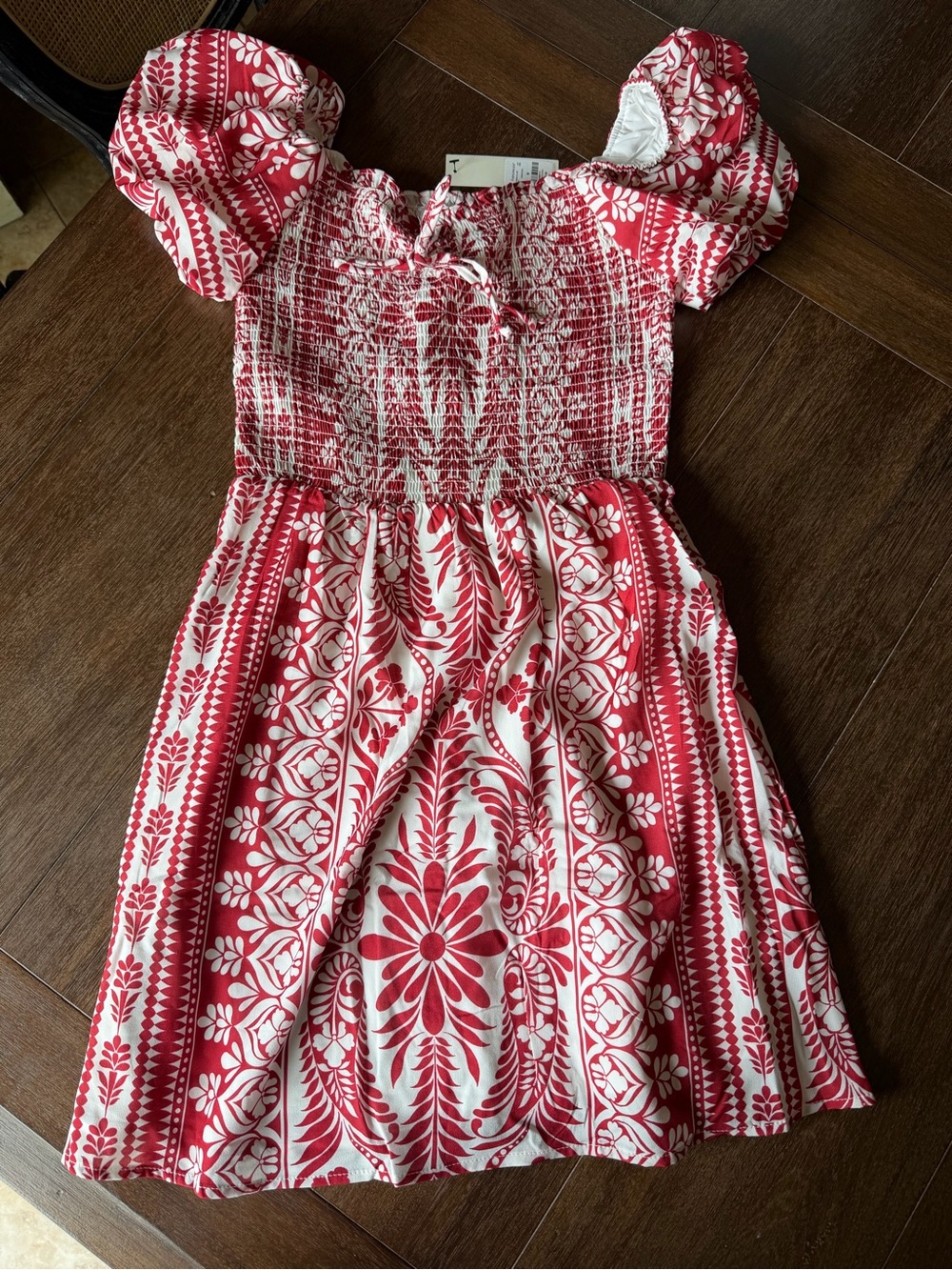 Francesca's Red and White Floral Smocked Puff-Sleeve Dress